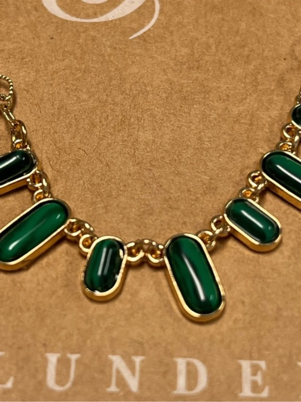 Gold Chain Necklace with Dark Green Stone Charms